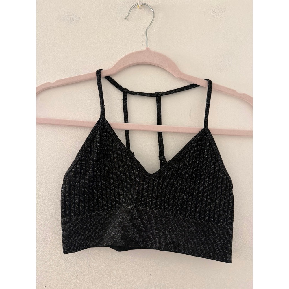 By Anthropologie Black Metallic Ribbed Caged Back Bralette Crop Top M/L